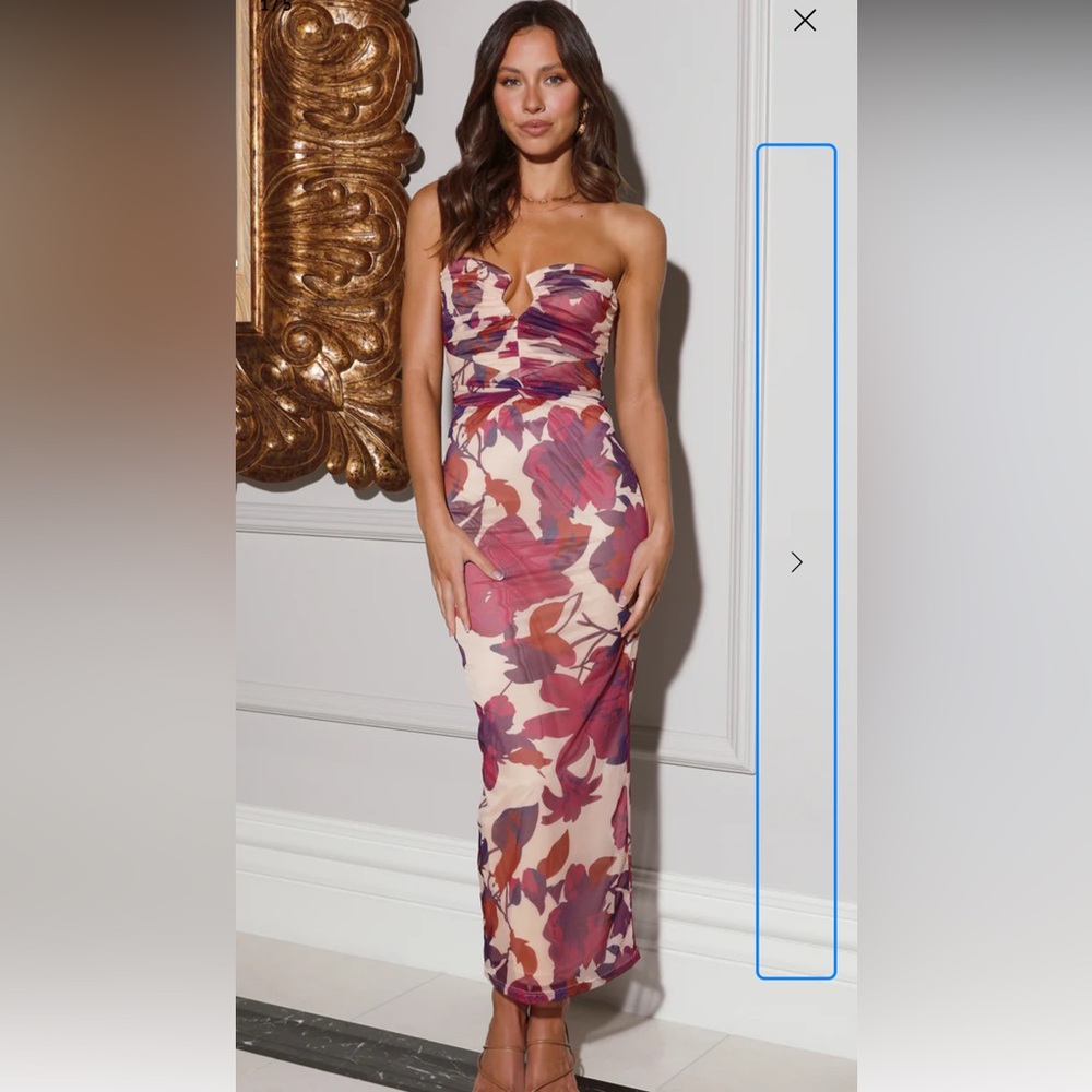 Strapless Floral Midi Dress in Mauve and Cream
